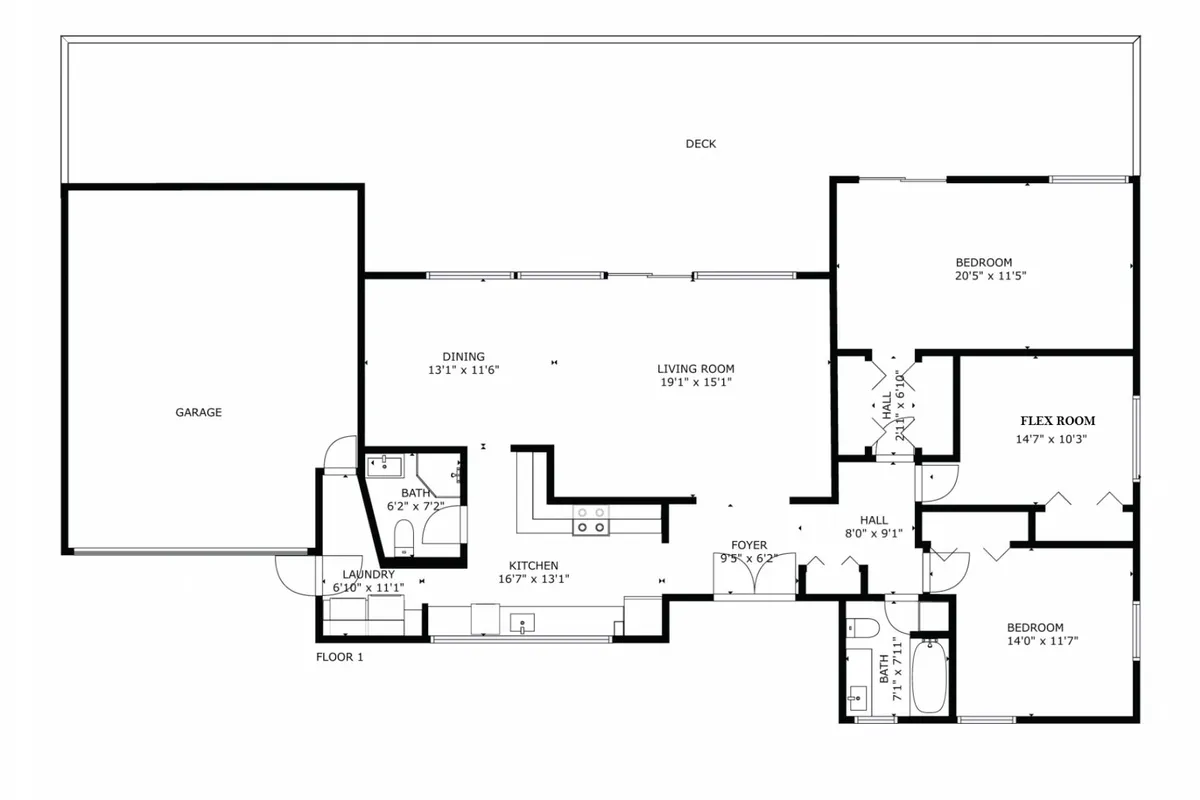 A wide-angle interior shot revealing an open-concept living room that seamlessly flows into the kitchen, dining area, and out onto the deck. The space is flooded with natural light, features comfortable seating, and offers direct visual and physical access to the spacious deck outside, highlighting the home's connected, gathering-friendly design.