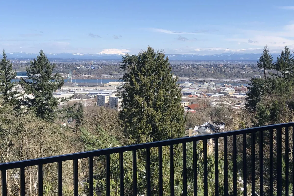 This image captures a sweeping view from a deck overlooking distant mountains, a serene water body, a lush tree line, and an urban landscape in the distance. The broad perspective suggests a tranquil environment perfect for relaxation and reflects the natural beauty visible from the property.